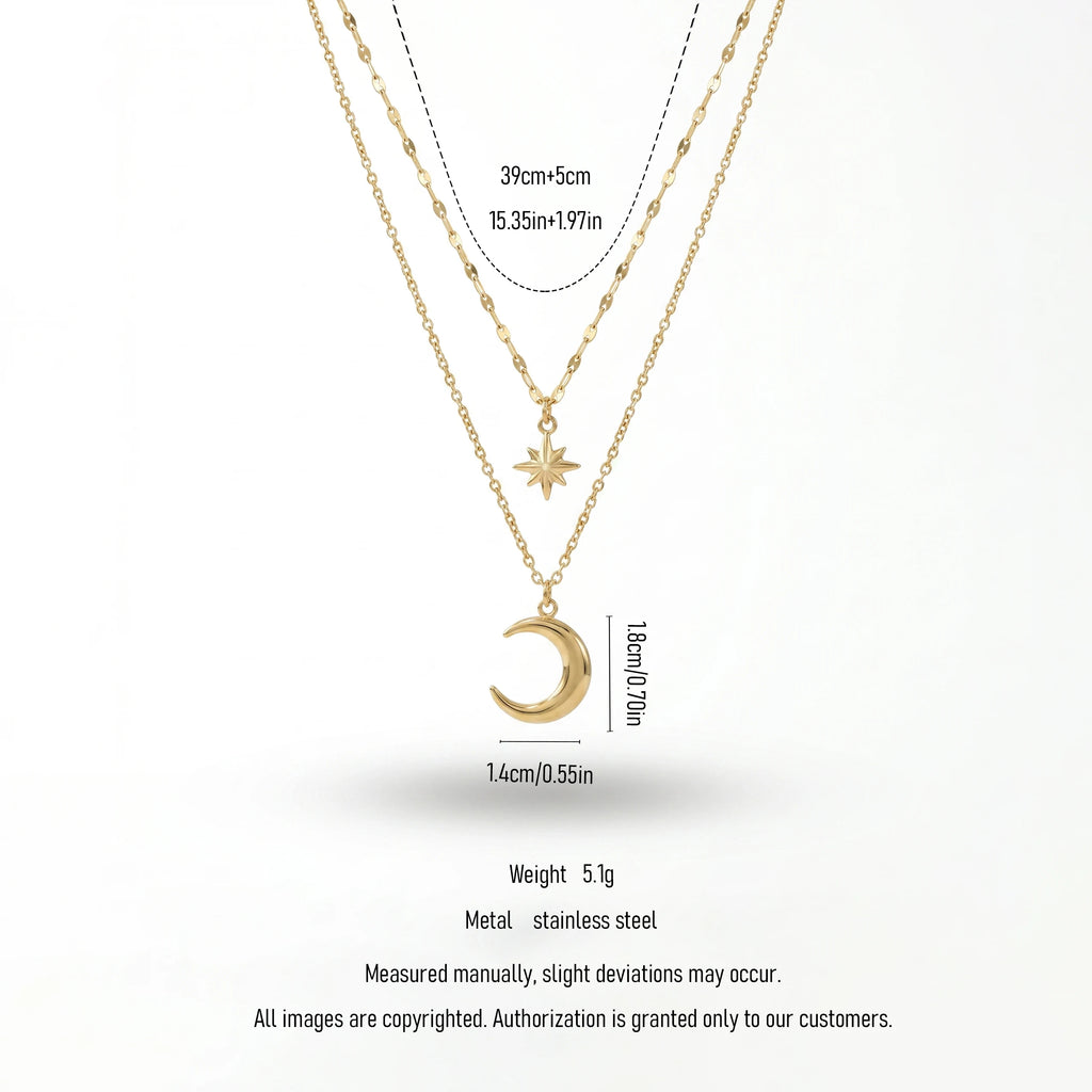 QIAOREN 11408 Tarnish Resistant Waterproof 18K Gold Plated Stainless Steel 2 Tier Star Moon Pendant Necklace