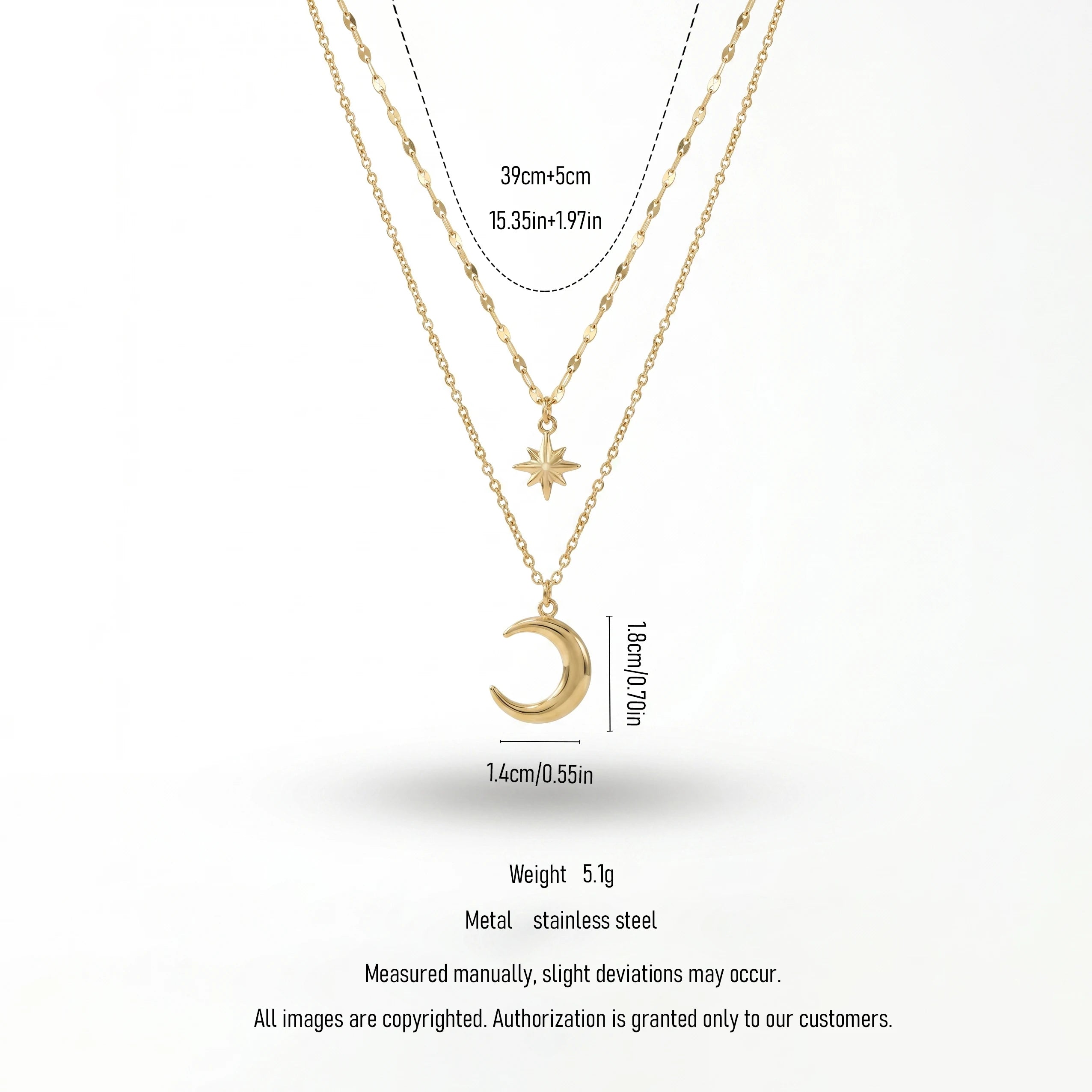 QIAOREN 11408 Tarnish Resistant Waterproof 18K Gold Plated Stainless Steel 2 Tier Star Moon Pendant Necklace