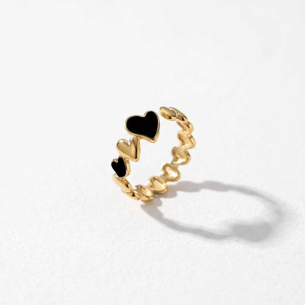 QIAOREN 14175-79 Black Enamel Heart & Sun Open Ring Set, Irregular Love Shape Adjustable Stackable Ring Jewelry Gift
