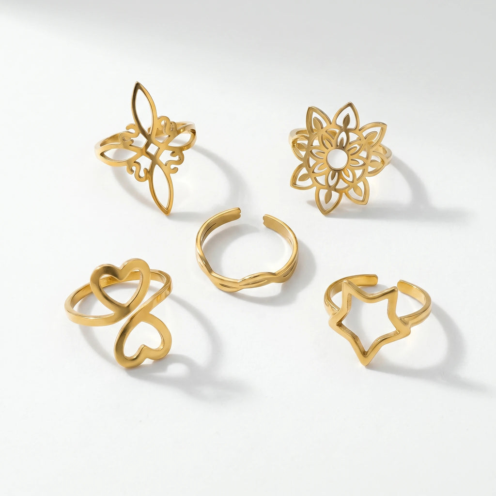 QIAOREN 5Pcs 18K Gold Plated Stainless Steel Open Ring Set, Adjustable Stackable Durable Finger Rings
