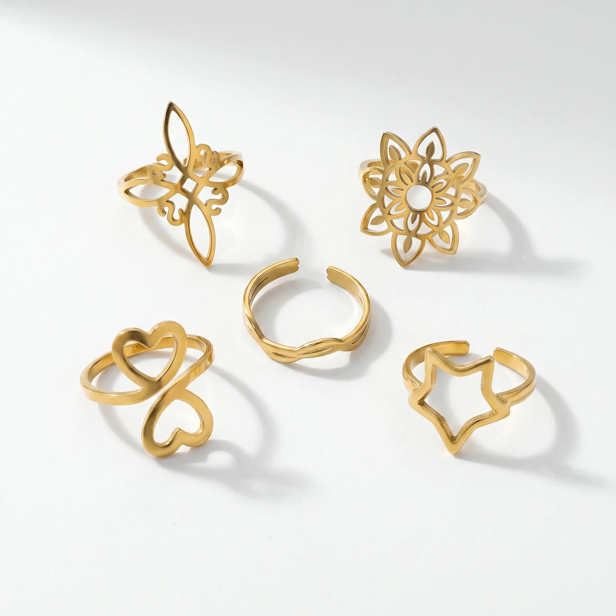 QIAOREN 5Pcs 18K Gold Plated Stainless Steel Open Ring Set, Adjustable Stackable Durable Finger Rings