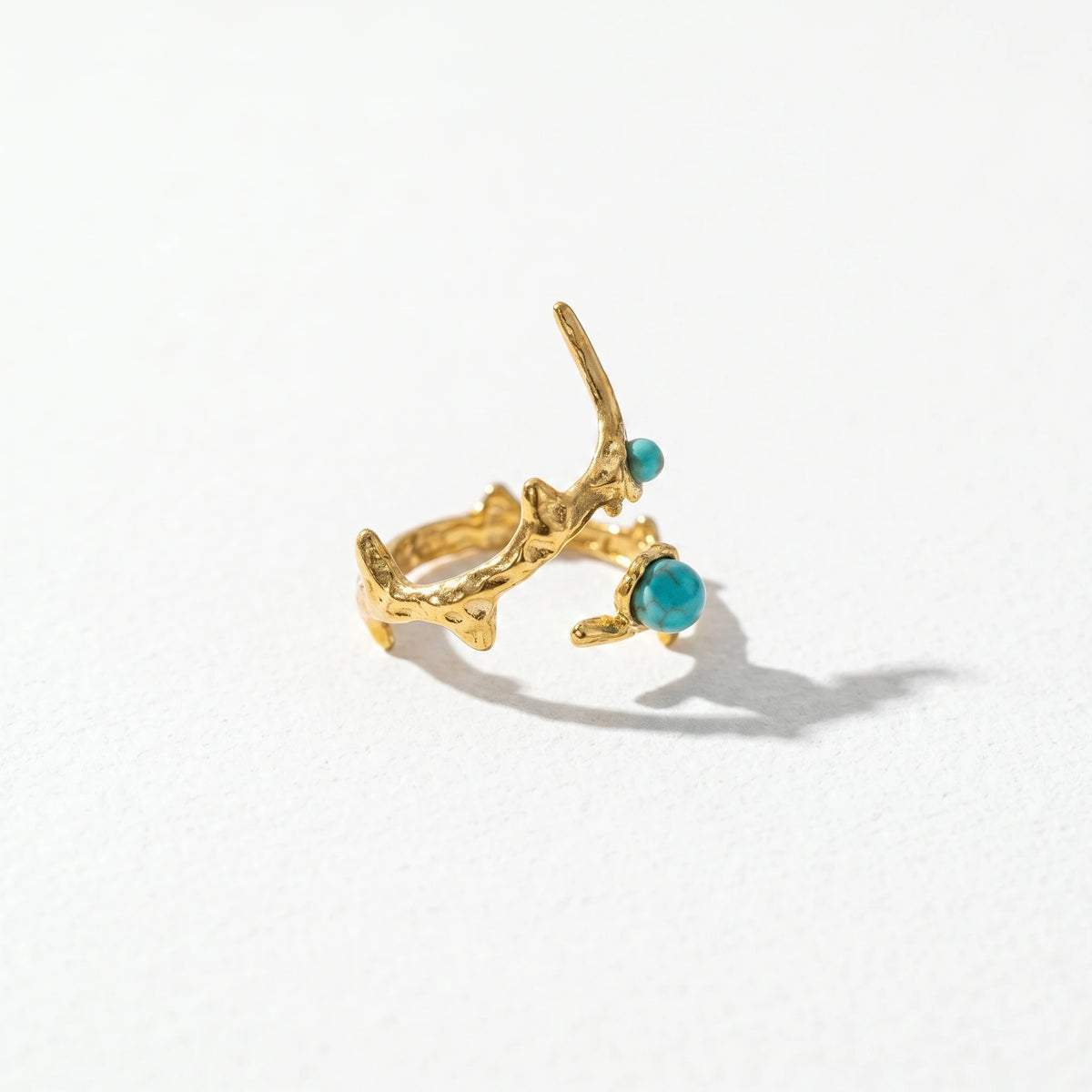 QIAOREN 18K Gold Stainless Steel Turquoise Open Ring Set, Waterproof Vintage Adjustable Boho Stackable Rings