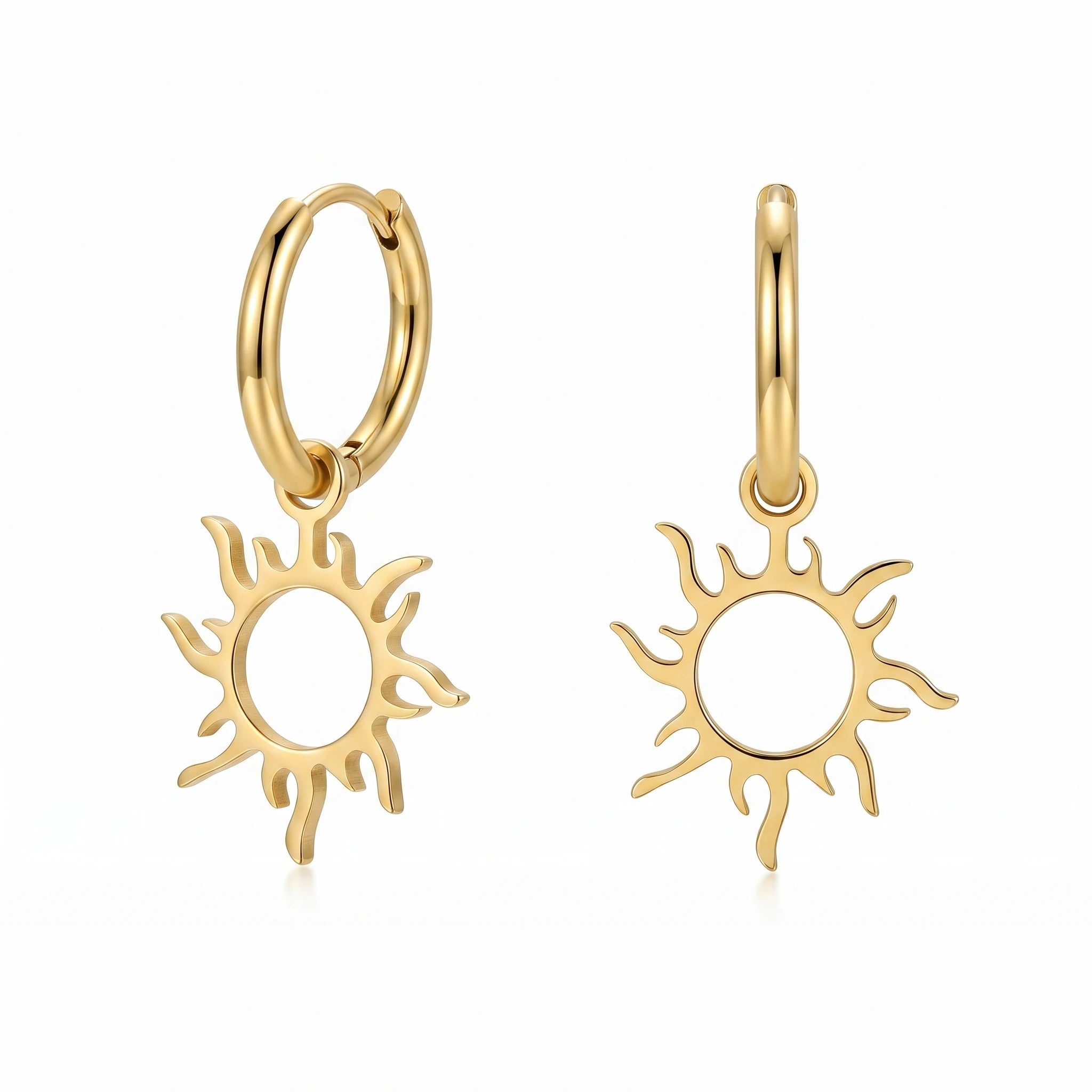 QIAOREN 10959 Stainless Steel Hollow Sun Dangle Hoops Tarnish Resistant Gold Plated Trendy Unisex 0.3mm Thick Beach Earrings