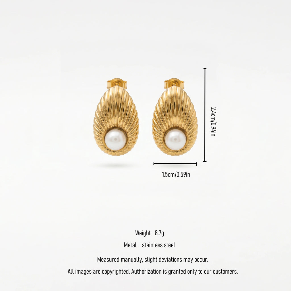 QIAOREN 12203 Gold Plated Stainless Steel Ribbed Seashell Pearl Stud Earrings