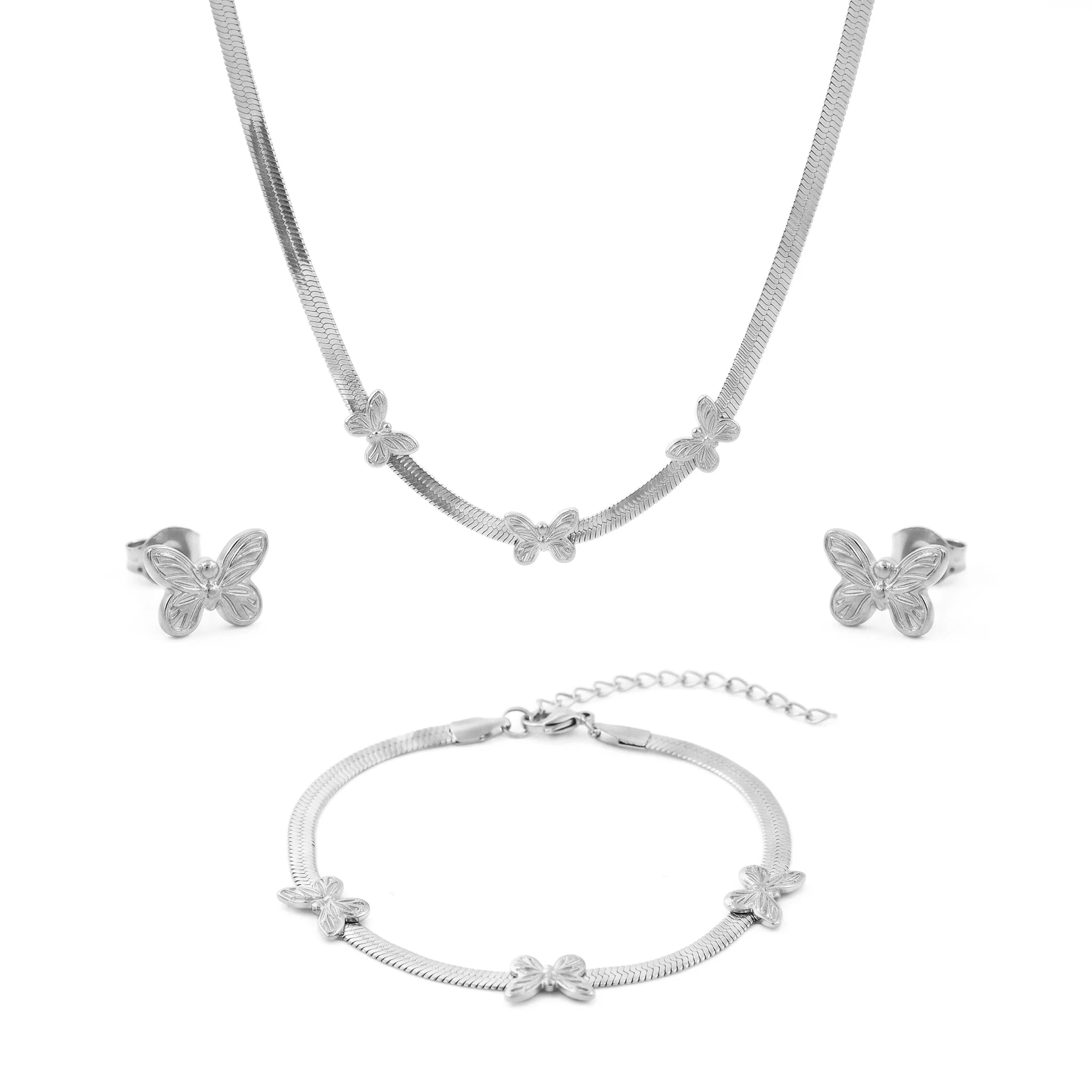 QIAOREN 11690 Tarnish Free 18K Gold Stainless Steel Butterfly Herringbone Jewelry Set Necklace Bracelet Earrings