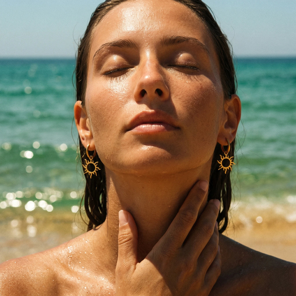 QIAOREN 10959 Stainless Steel Hollow Sun Dangle Hoops Tarnish Resistant Gold Plated Trendy Unisex 0.3mm Thick Beach Earrings