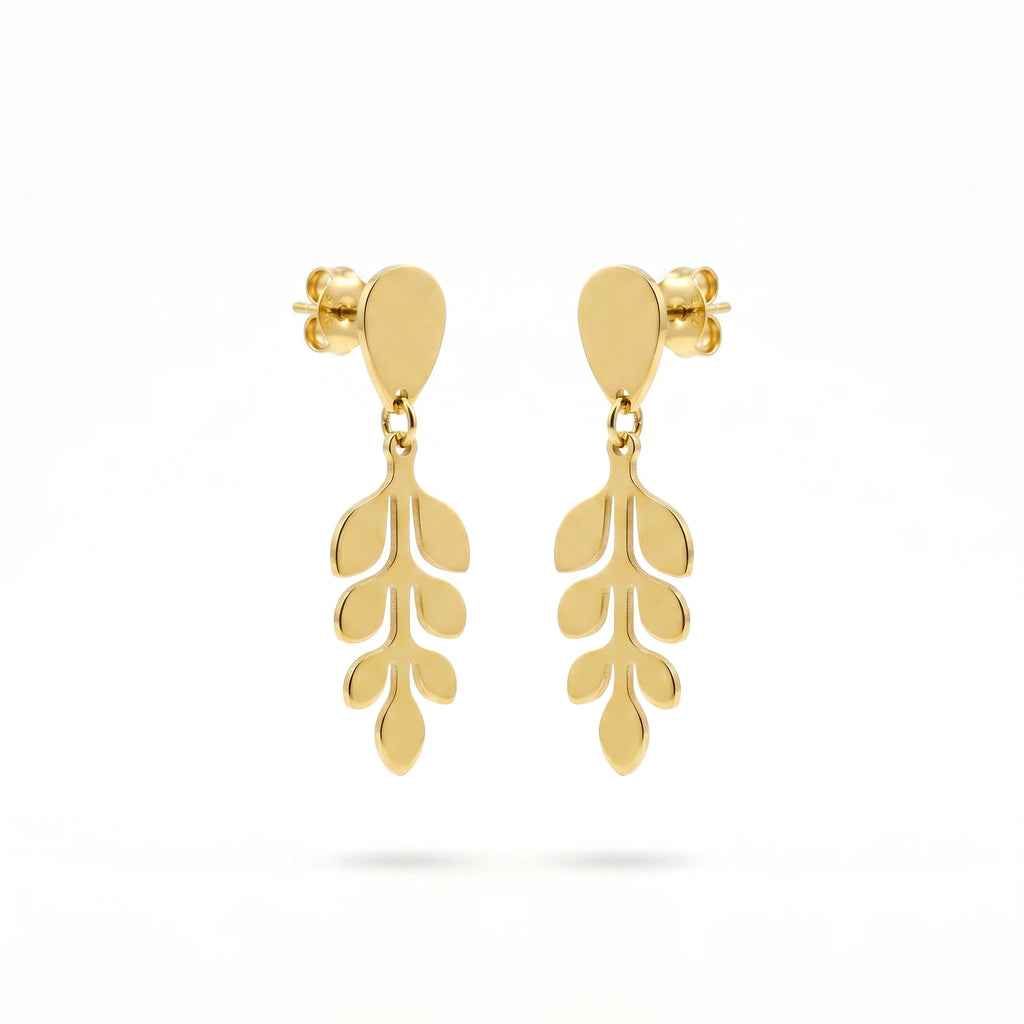 QIAOREN 11868 Elegant Gold Leaf Vine Drop Earrings Stainless Steel Dainty Branch Dangle Earrings Minimalist Nature Jewelry Women