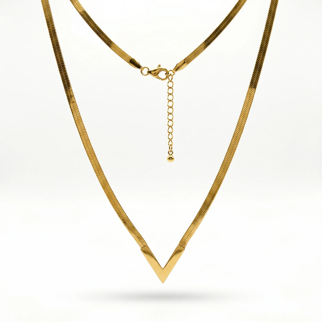 QIAOREN 10586 V Shape Snake Chain Necklace 18K Gold Plated Stainless Steel Waterproof Tarnish Free Jewelry for Women Party