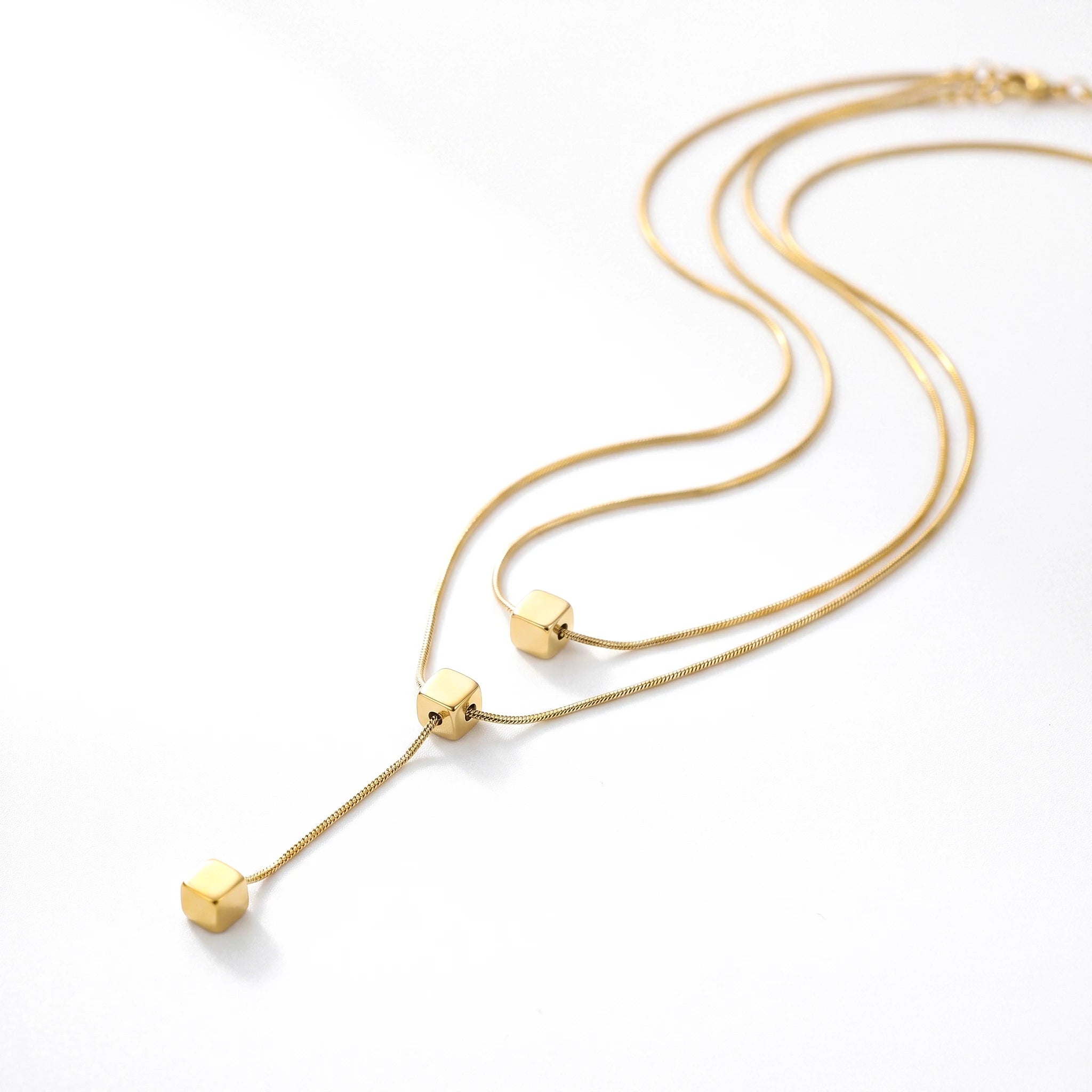 QIAOREN 13466 Minimalist Double Layer Snake Chain Necklace with Sliding Square Cube Pendants, Dainty Y Drop Neck Jewelry Gift
