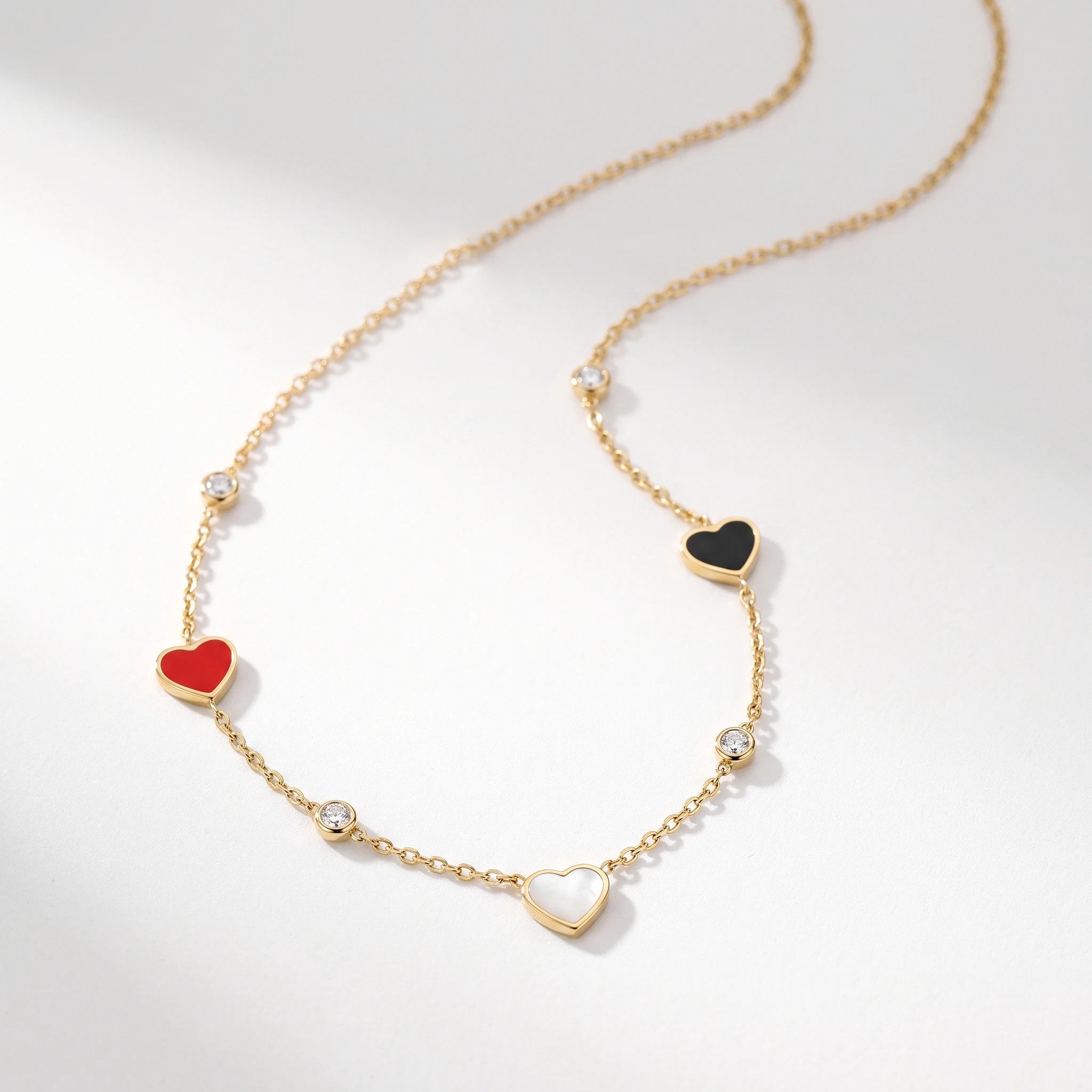 QIAOREN 13498 Three Color Enamel Heart Station Necklace with Tiny Round Crystal Charms, Dainty Thin Cable Chain Necklace