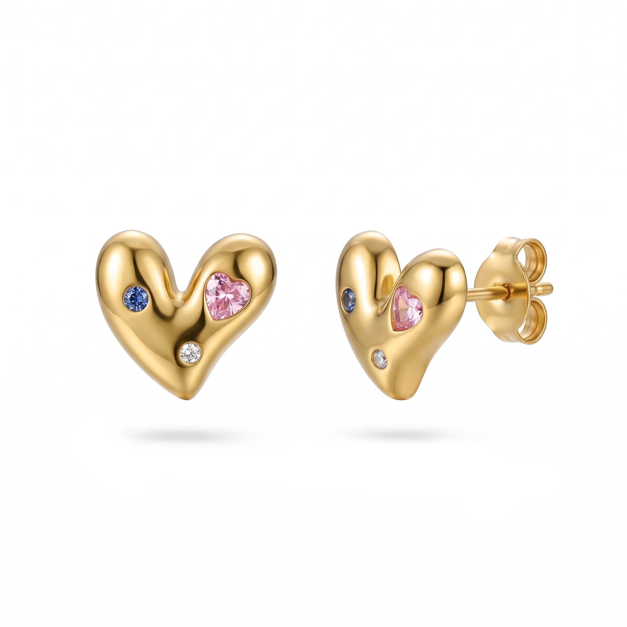 QIAOREN 13967-68 Stainless Steel Puffy Heart Stud Earrings Gold Crystal Heart Earrings Dainty Cute Jewelry for Women
