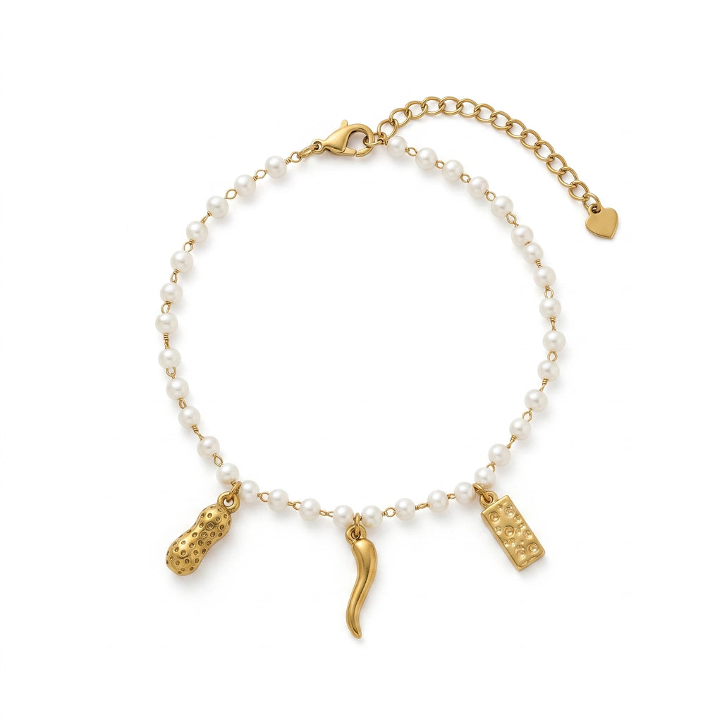 QIAOREN 13313 Fortune Themed Faux Pearl Anklet Gold Peanut Chili Gold Bar Charms Adjustable Jewelry