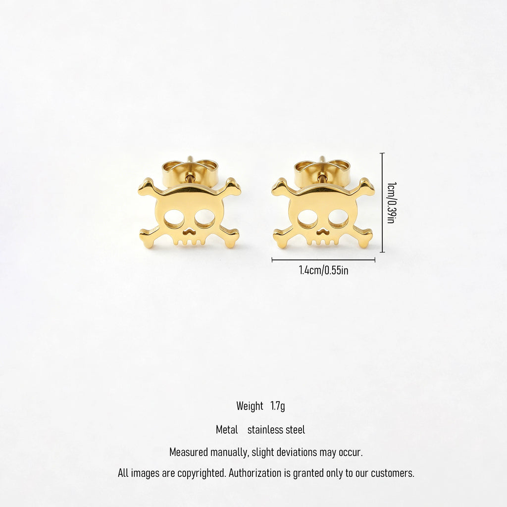 QIAOREN 11866 Edgy Gold Skull Earrings Stainless Steel Hollow Skull Crossbones Studs Halloween Jewelry Unique Gift for Women Men