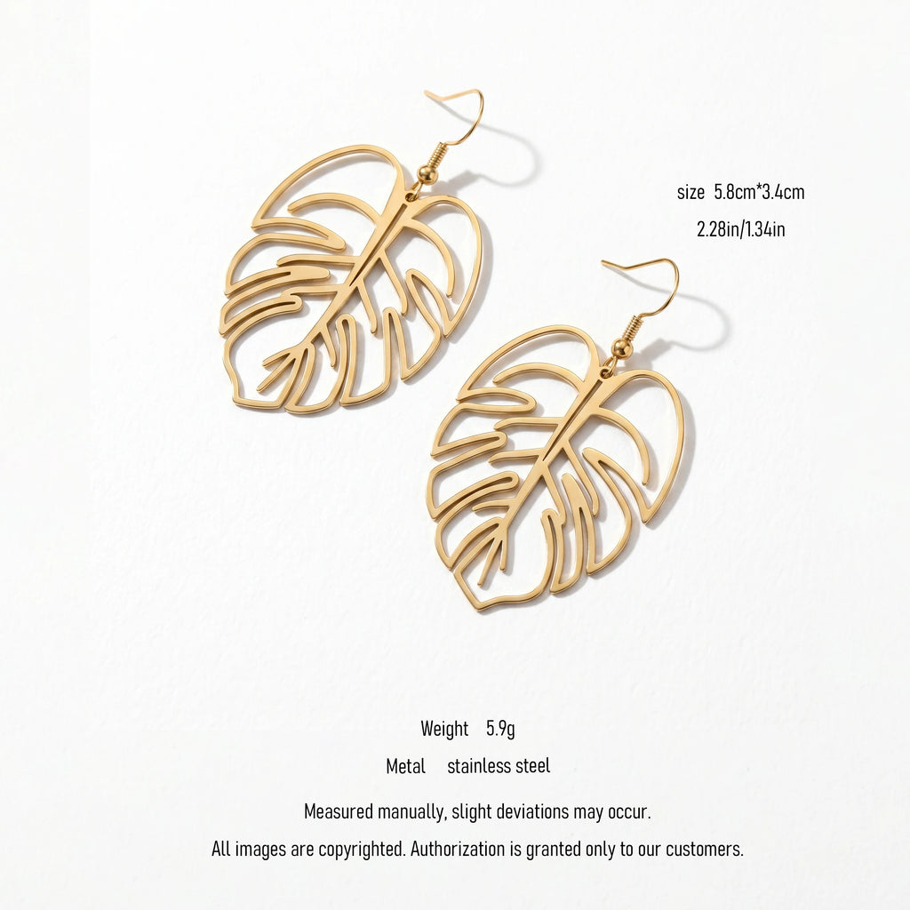 QIAOREN 10843 Trendy Tarnish Resistant Stainless Steel Tropical Leaf and Hoop Earrings 18K Gold Plated