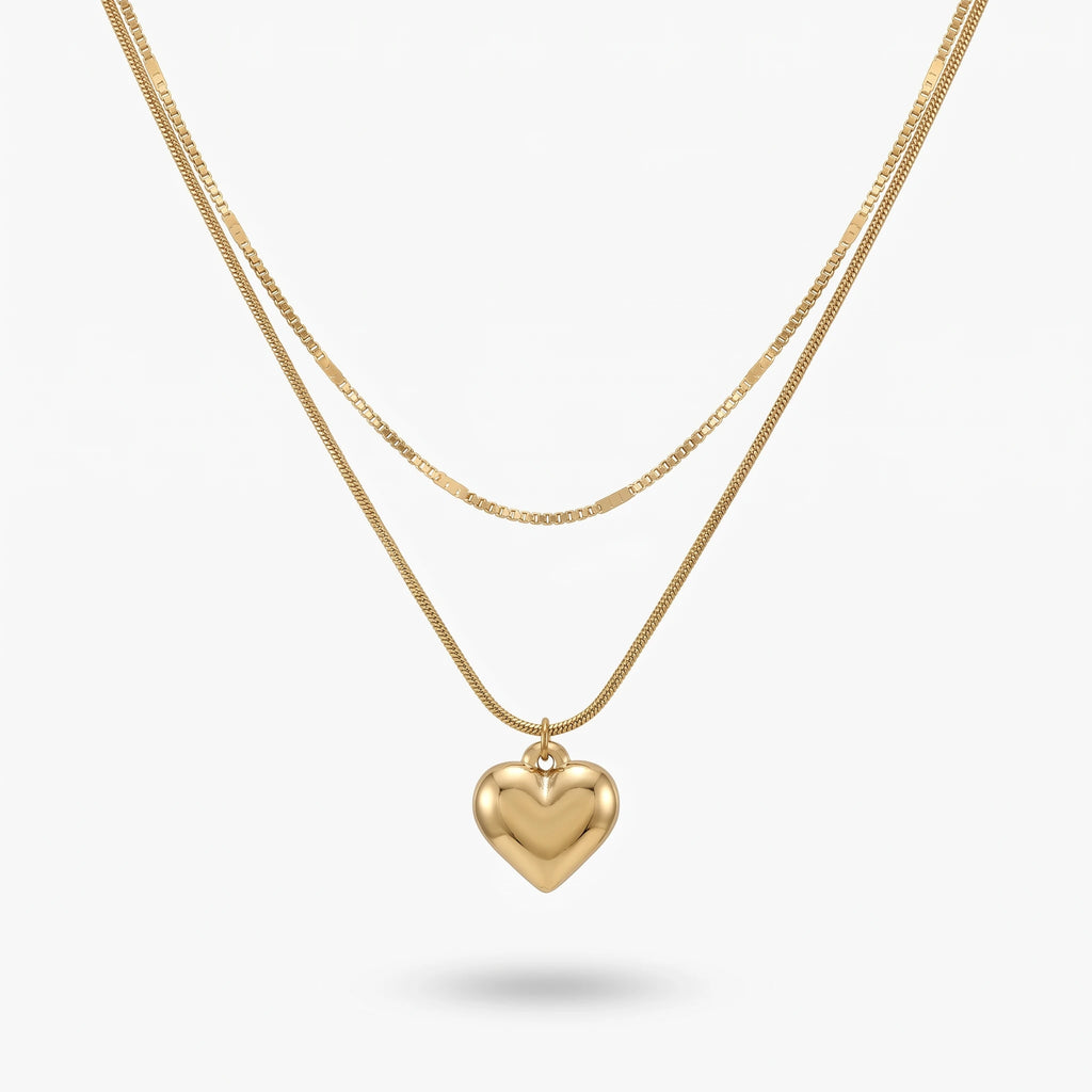 QIAOREN 11235 18K Gold Plated Double Layer Stainless Steel Heart Pendant Necklace Tarnish Free Waterproof Jewelry for Women