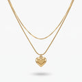 QIAOREN 11235 18K Gold Plated Double Layer Stainless Steel Heart Pendant Necklace Tarnish Free Waterproof Jewelry for Women