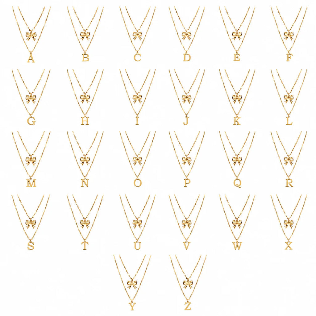 QIAOREN A-Z 26 Letter Bow Initial Necklace Stainless Steel Gold Silver Alphabet Pendant Custom Jewelry