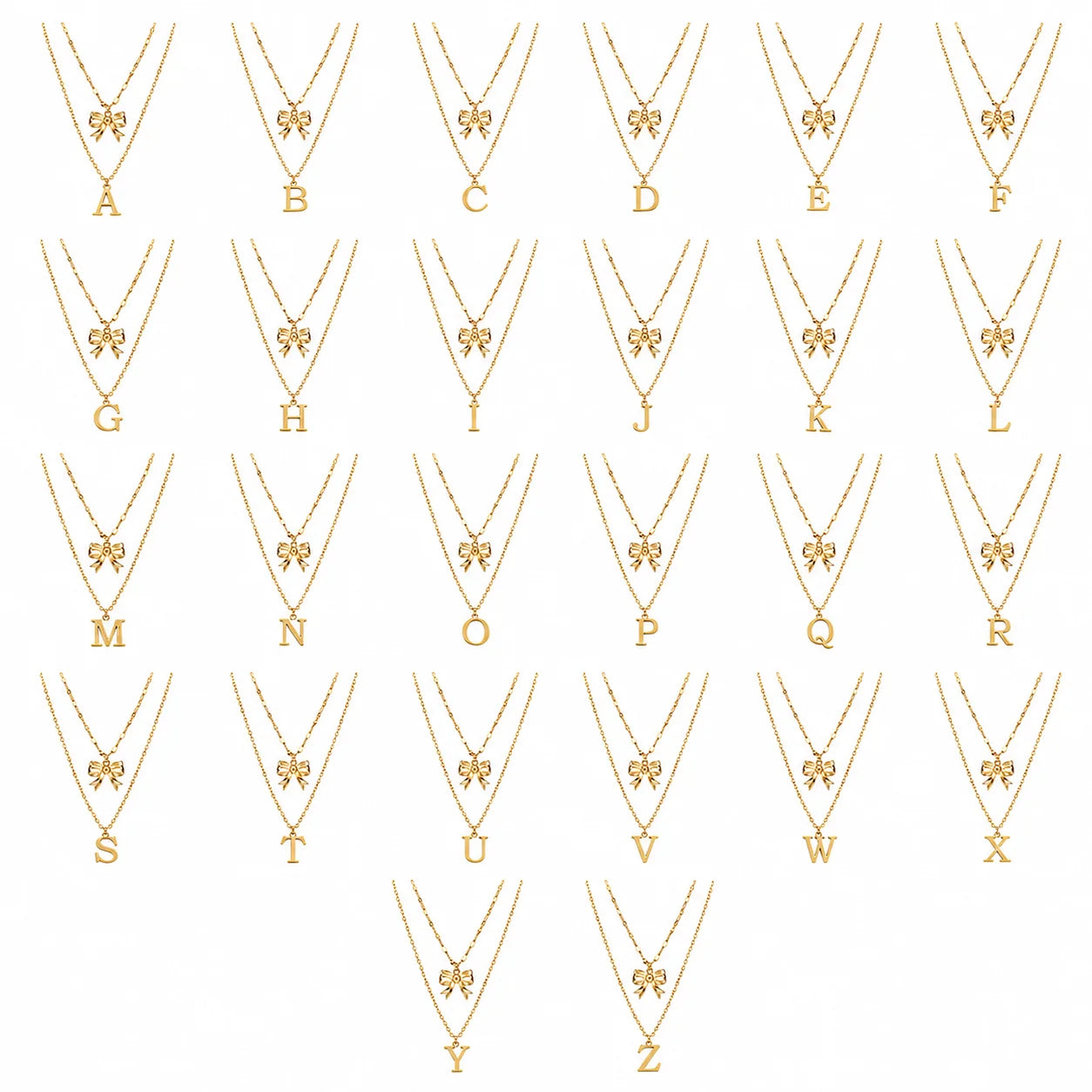 QIAOREN A-Z 26 Letter Bow Initial Necklace Stainless Steel Gold Silver Alphabet Pendant Custom Jewelry