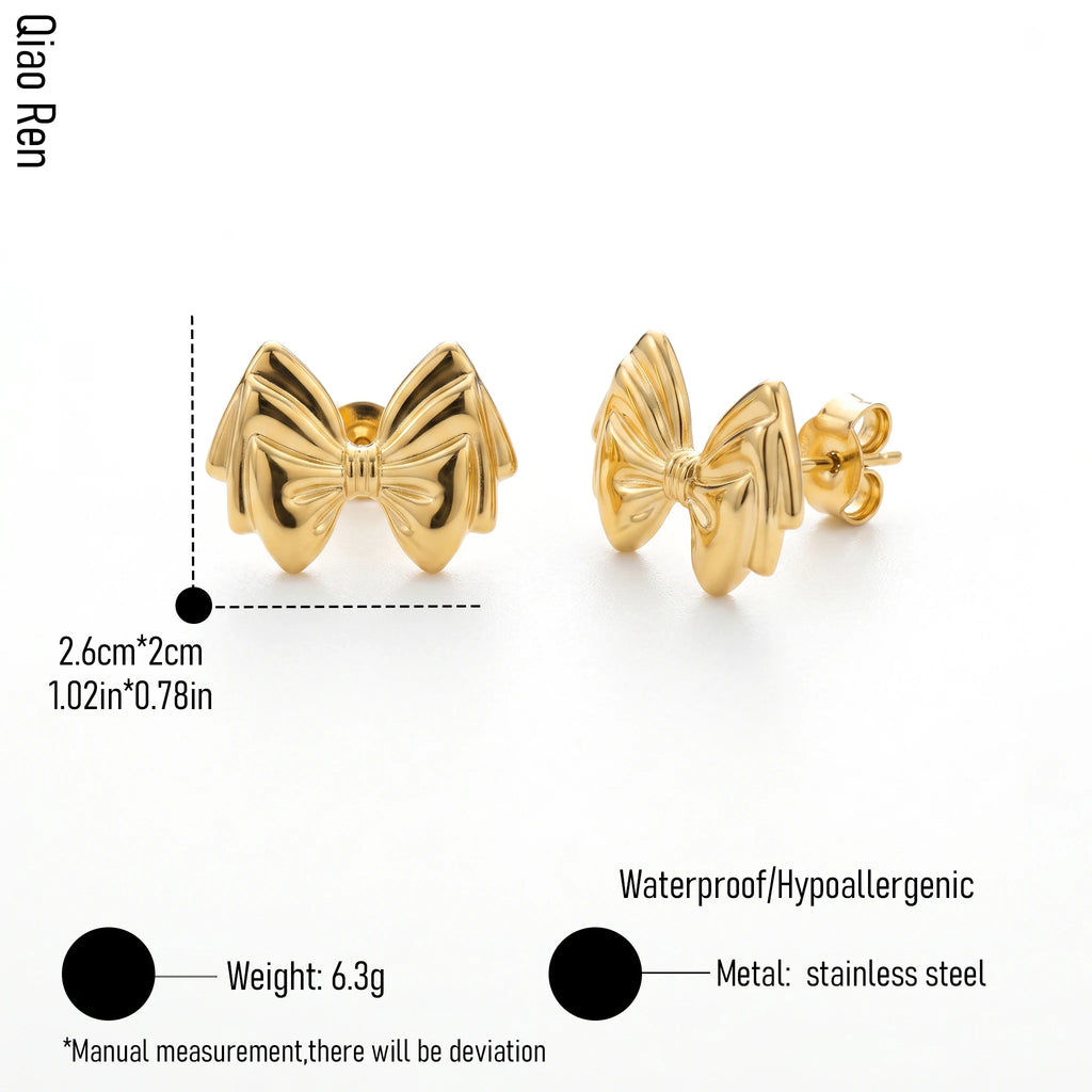 QIAOREN 14051 Polished Gold Double Layer Bow Knot Stud Earrings, 3D Stacked Ribbon Bow Ear Stud Jewelry Gift