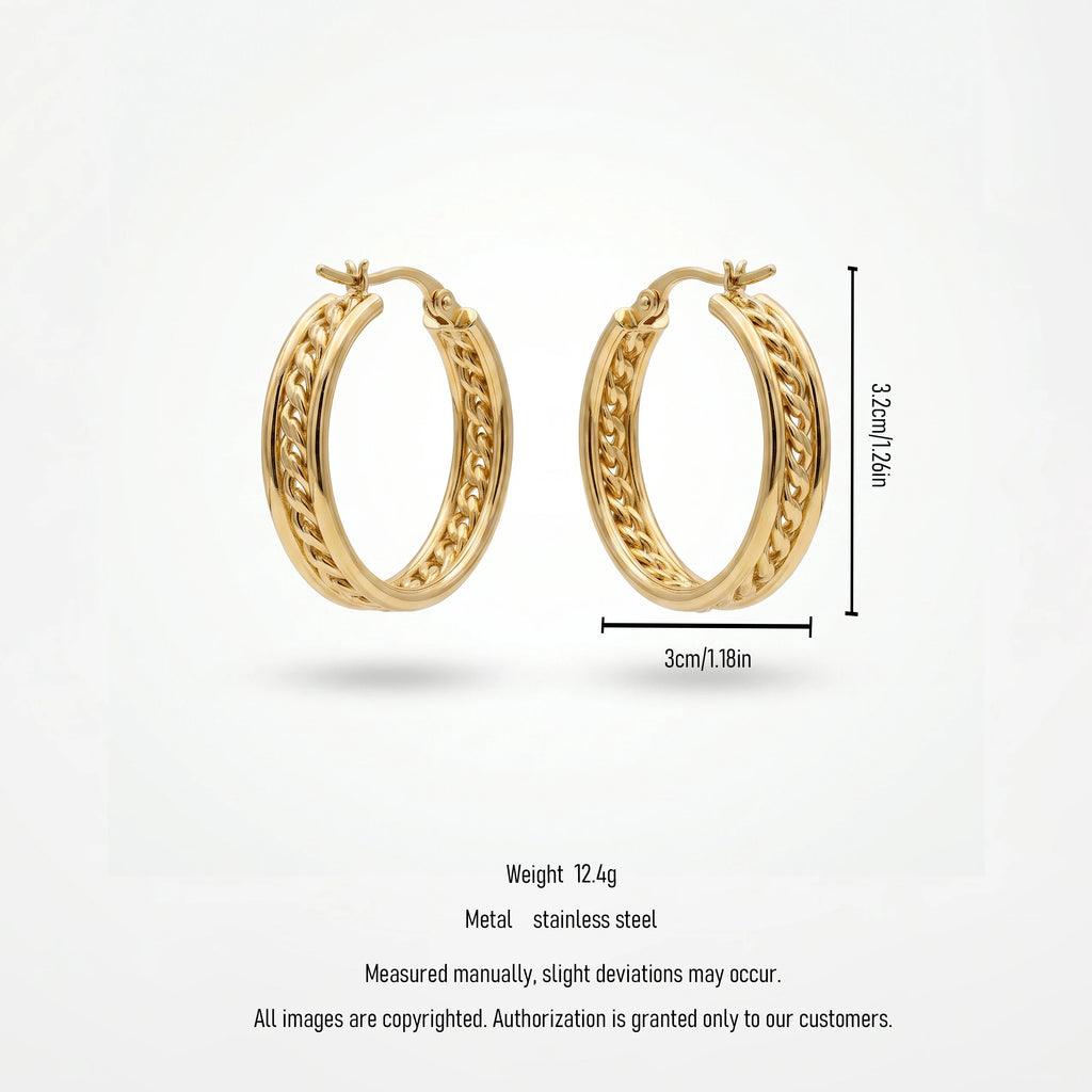 QIAOREN 12385 Chunky Cuban Link Chain Hoop Earrings Gold Stainless Steel Textured Curb Chain Inset Hoops Women US Europe