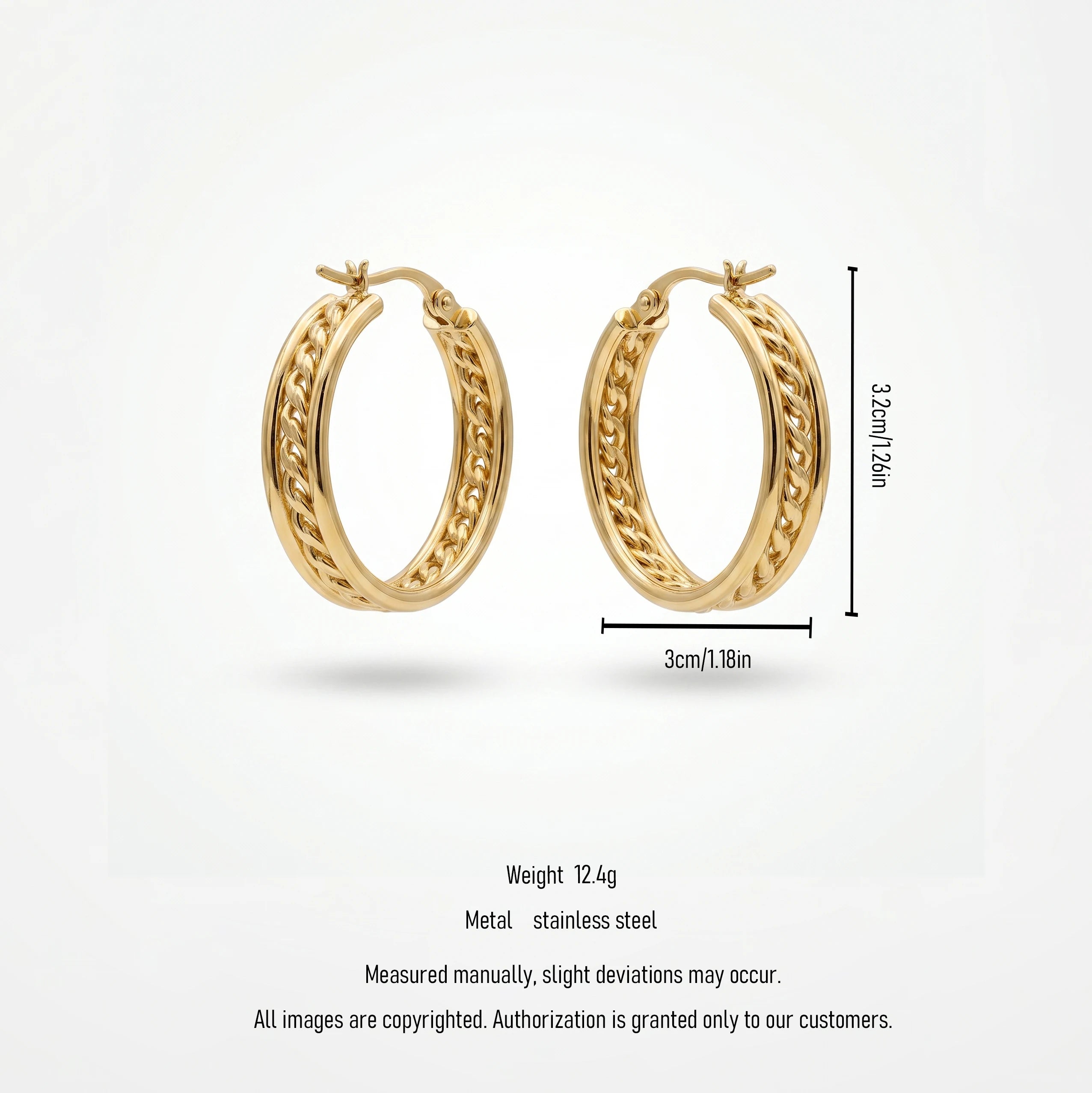 QIAOREN 12385 Chunky Cuban Link Chain Hoop Earrings Gold Stainless Steel Textured Curb Chain Inset Hoops Women US Europe