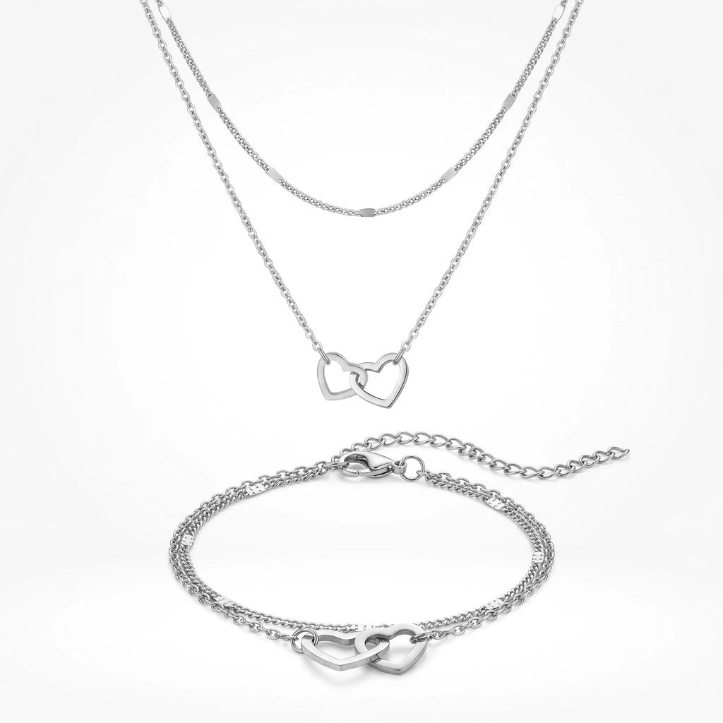 QIAOREN 11509 Fade Resistant Waterproof 18K Gold Plated Stainless Steel Interlocking Hearts Jewelry Set