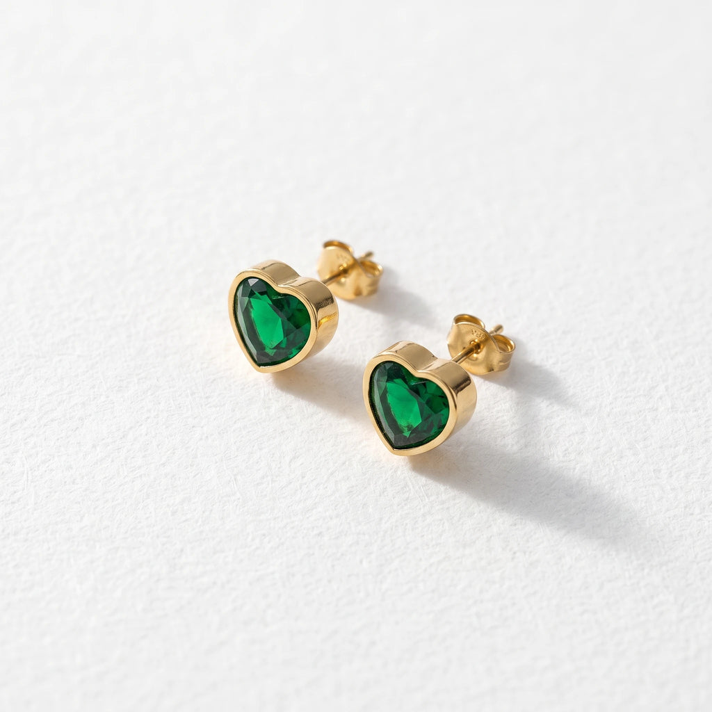 QIAOREN 13816 Solid Bezel Set Heart Stud Earrings with Emerald Green Heart Cut CZ Stone, Polished Gold Stainless Steel Earring