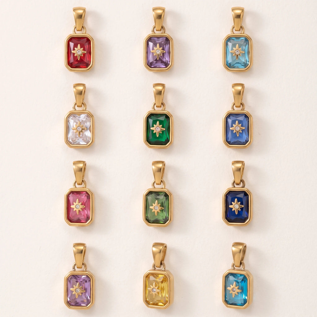 QIAOREN 13882-93 Polished Gold Vintage Birthstone Rectangle Charm for Necklace Making DIY Jewelry Gift