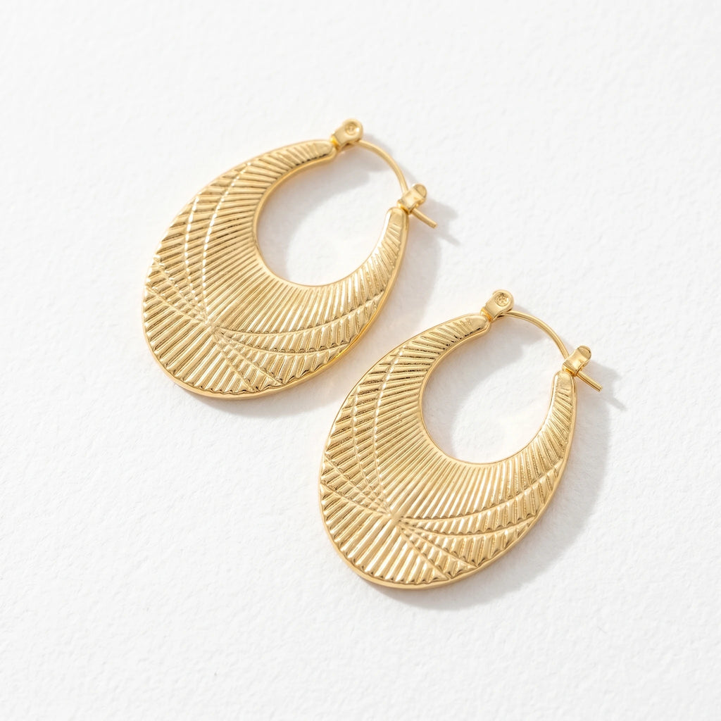 QIAOREN 12493  Sunburst Oval Hoop Earrings Gold Stainless Steel Textured Wide Ray Hoops Women Statement Jewelry US