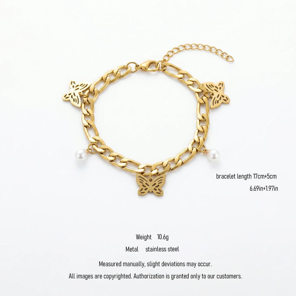 QIAOREN 11063 Trendy Butterfly Pearl Bracelet for Women Waterproof Stainless Steel Gold Cuban Link Chain Fashion Jewelry