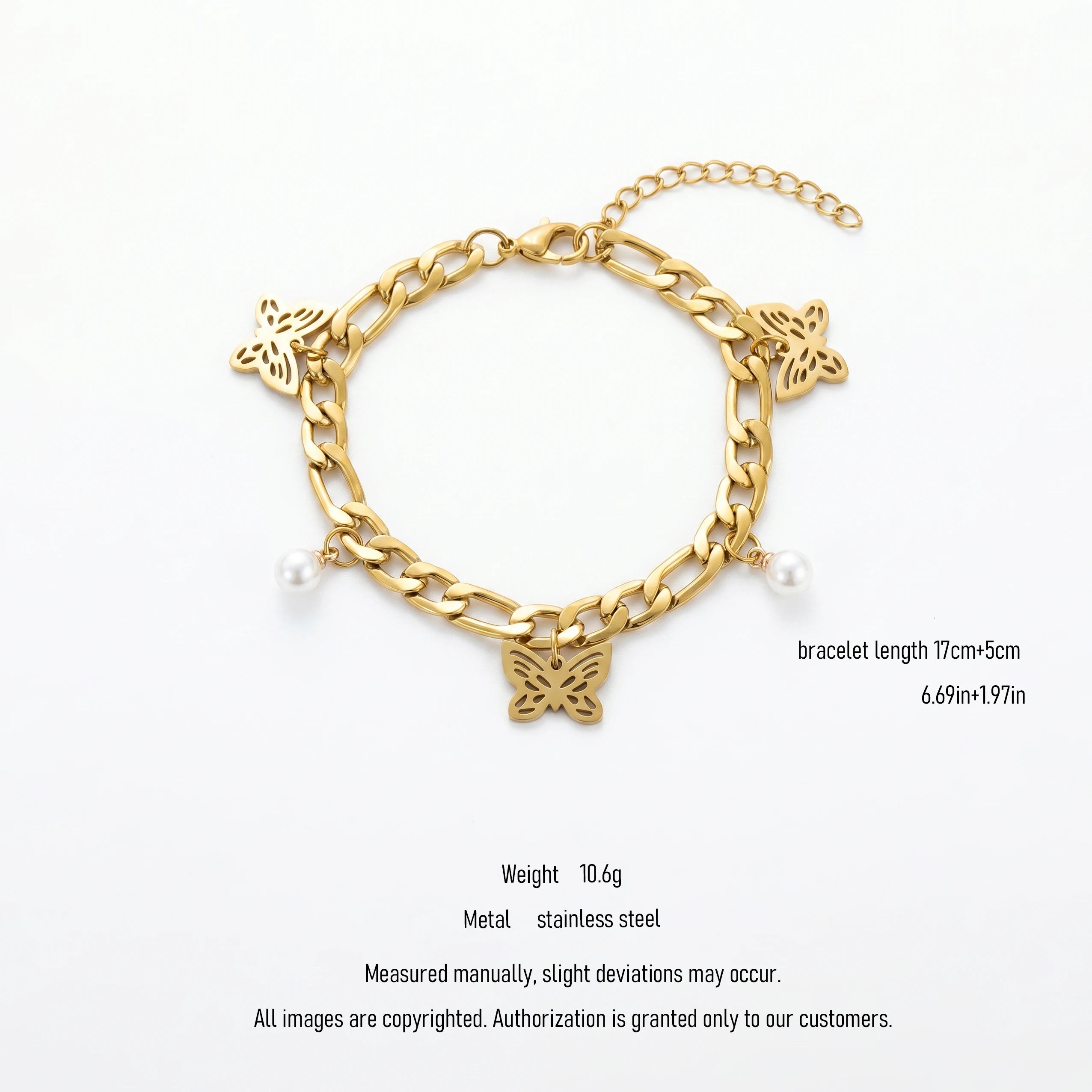 QIAOREN 11063 Trendy Butterfly Pearl Bracelet for Women Waterproof Stainless Steel Gold Cuban Link Chain Fashion Jewelry