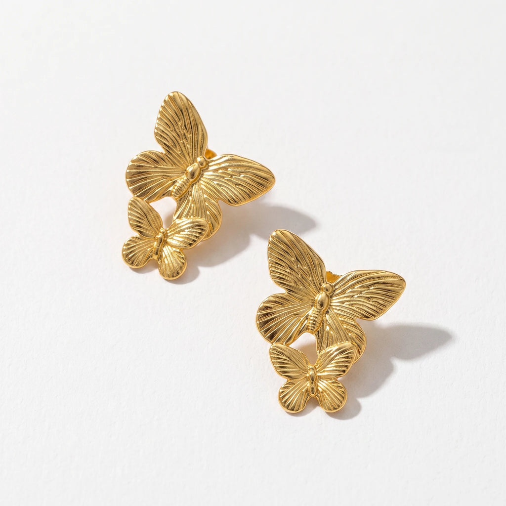 QIAOREN 13275 Gold Tone Double Butterfly Stud Earrings Fine Vein Textured Two Layer Butterfly Pin Studs Retro Elegant