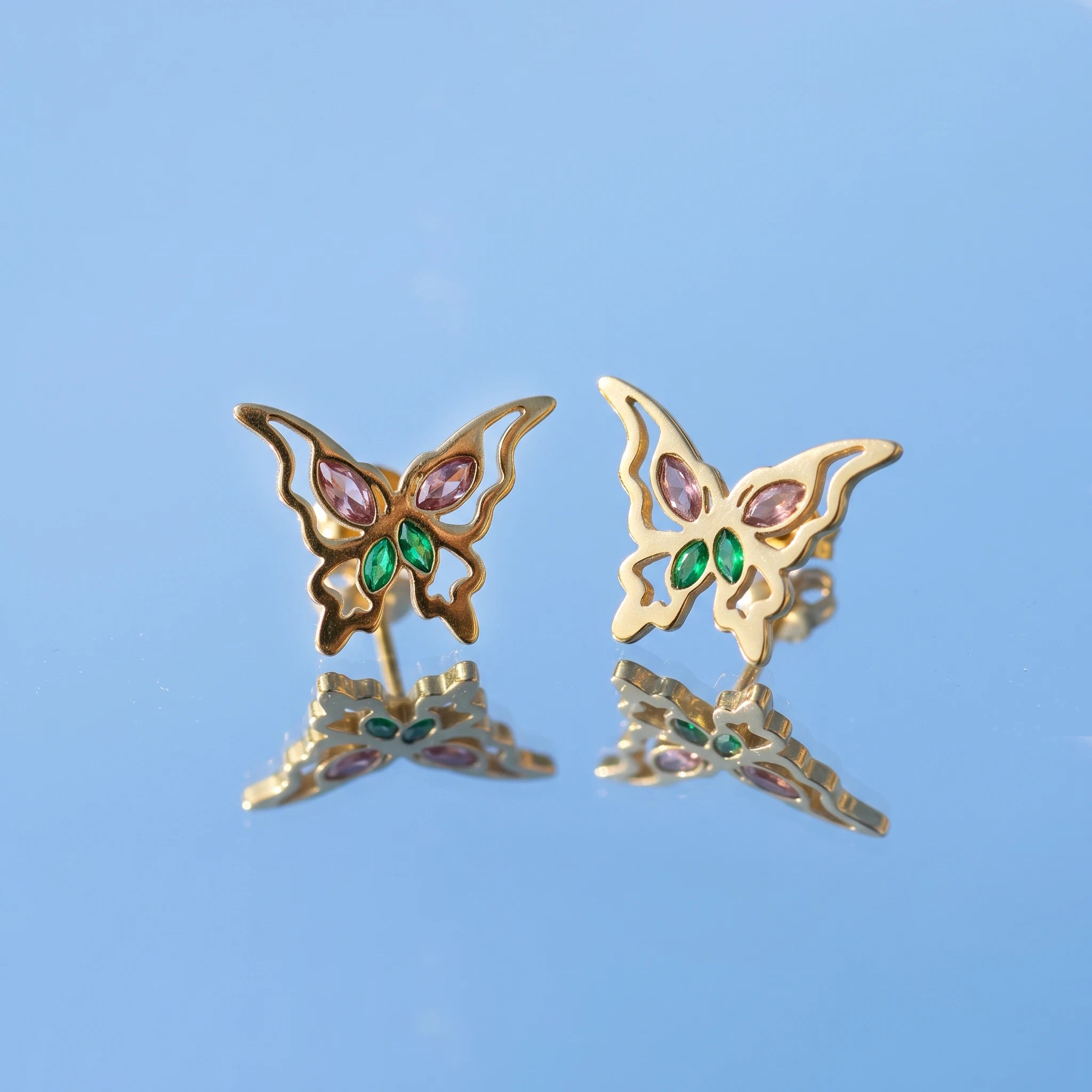QIAOREN 14011 Hollow Butterfly Stud Earrings Inlaid Pink and Green Marquise Cut CZ Stones, Colorful Crystal Ear Stud