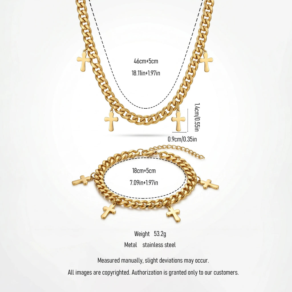 QIAOREN 11892 Wholesale Stainless Steel Cuban Chain Set Multi Cross Charms Adjustable Gold Necklace Bracelet Jewelry
