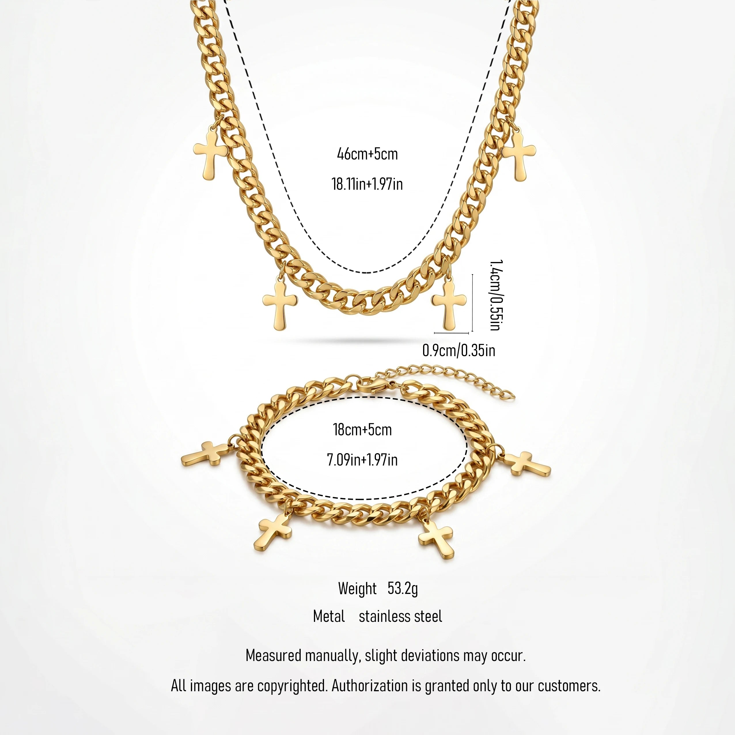 QIAOREN 11892 Wholesale Stainless Steel Cuban Chain Set Multi Cross Charms Adjustable Gold Necklace Bracelet Jewelry