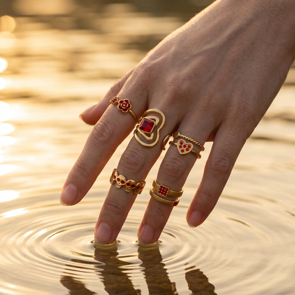 QIAOREN 13176-80 5Pcs Gold Stainless Steel Turquoise Open Ring Set Irregular Hammered Crown Adjustable Boho Stackable Rings