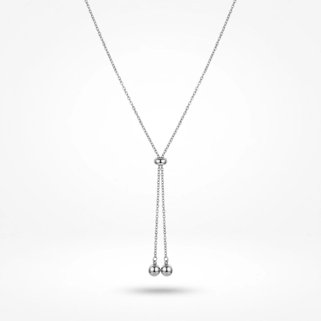 QIAOREN 10627 Trendy Adjustable Lariat Necklace Stainless Steel Gold Plated Geometric Ball Pendant for Women
