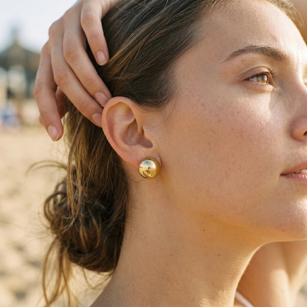 QIAOREN 10903 16mm Large Ball Stud Earrings Gold Plated Stainless Steel Polished Sphere Hypoallergenic No Fade  for Women