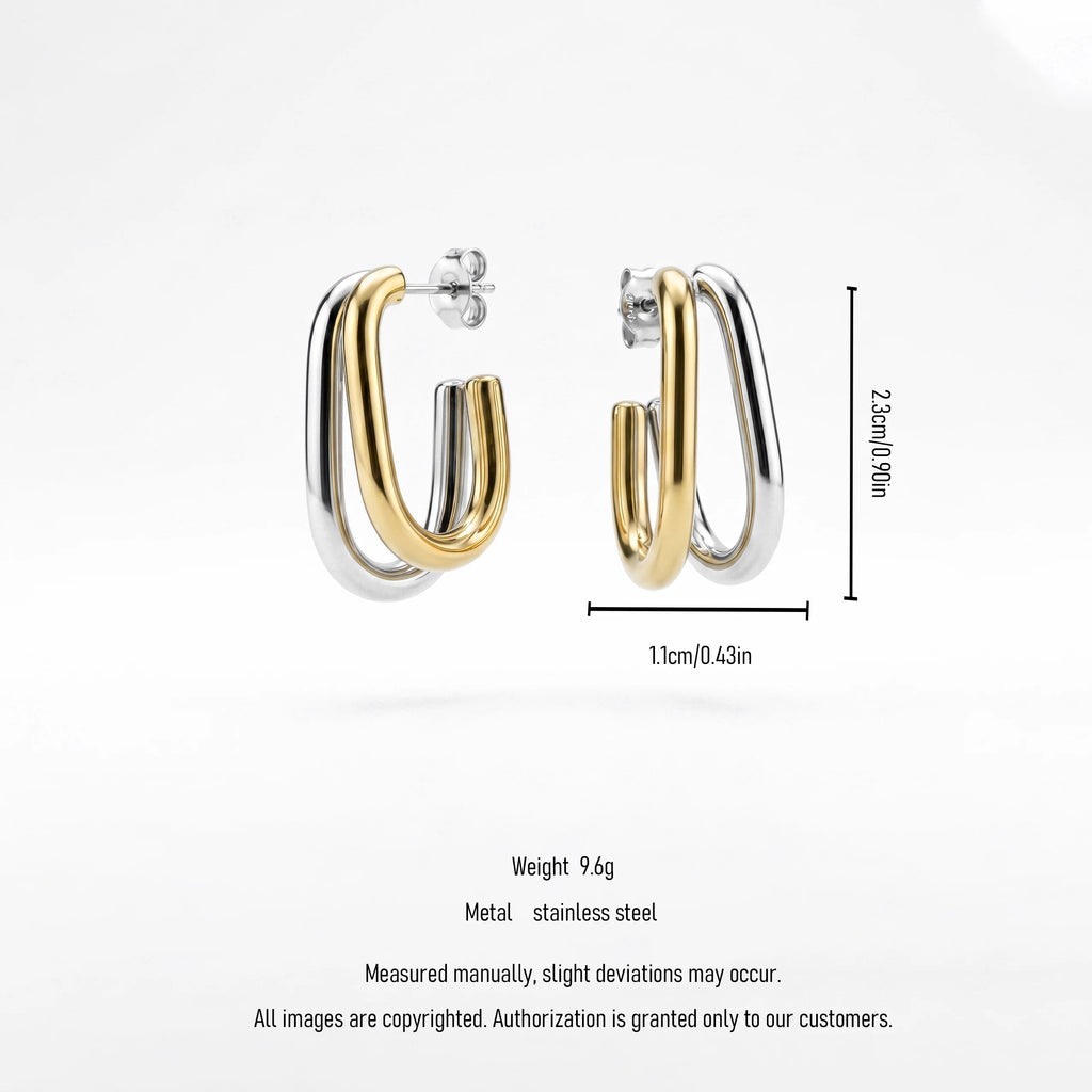 QIAOREN 12754 Minimalist Mixed Tone Double Layer Oval Earrings Stainless Steel Silver Gold Chunky Hoop Daily Jewelry