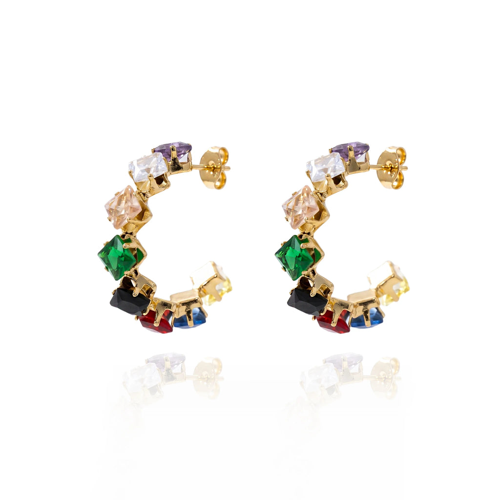 QIAOREN 12208-16  Gold Plated Stainless Steel Rainbow Square CZ Huggie Hoop Earrings