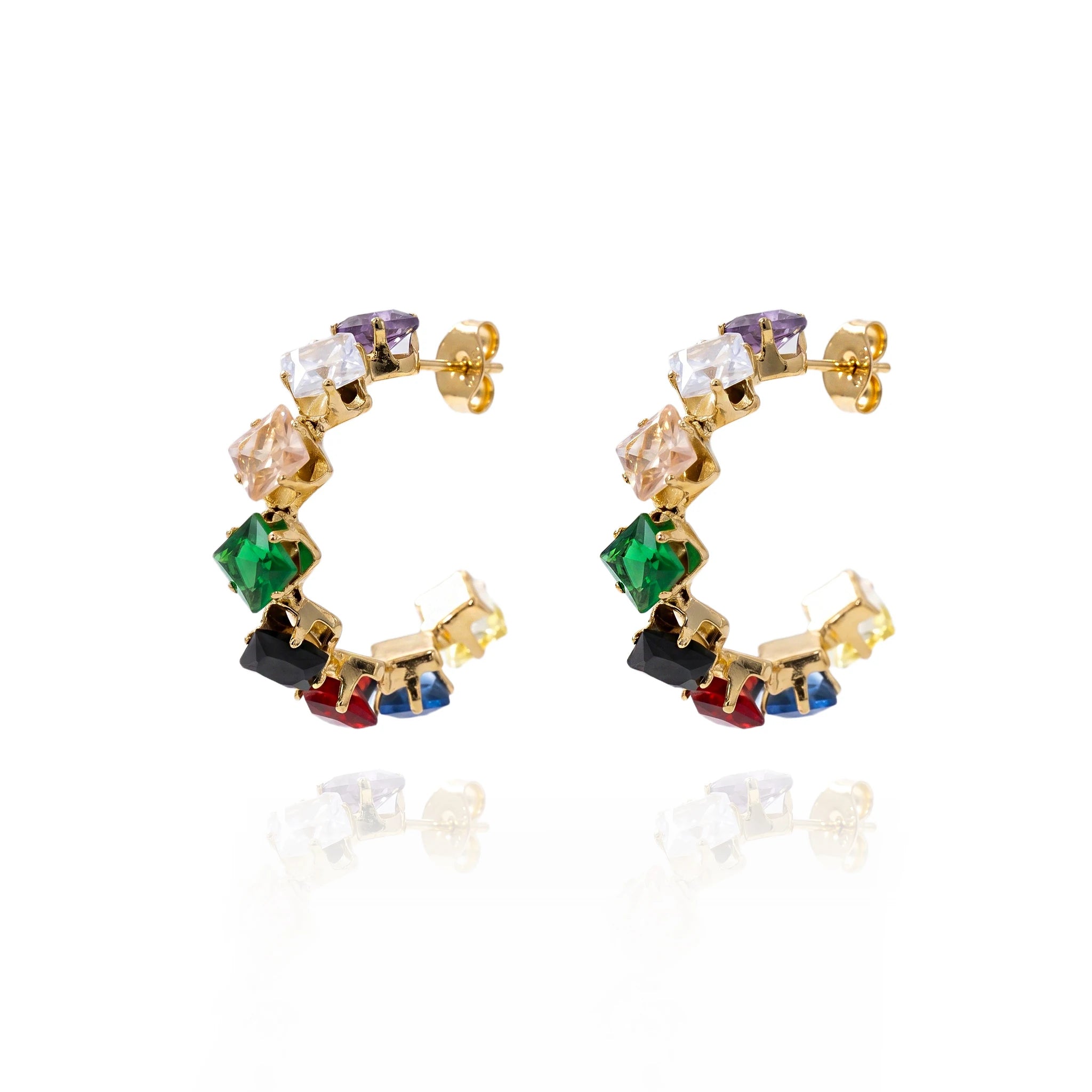 QIAOREN 12208-16  Gold Plated Stainless Steel Rainbow Square CZ Huggie Hoop Earrings