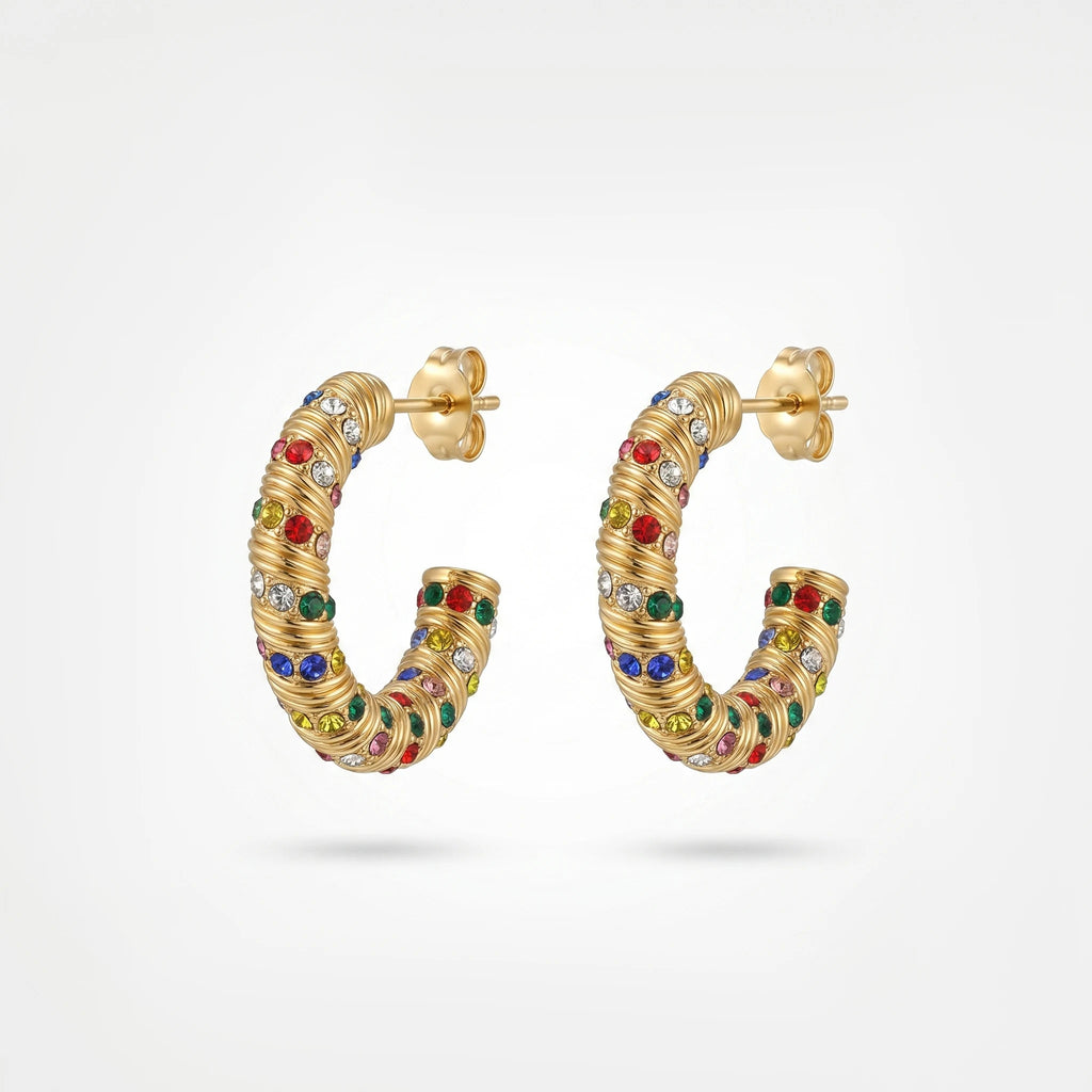 QIAOREN  12221-23 Waterproof Gold Stainless Steel Textured Hoop Earrings Multicolor CZ C Shape Huggies Wholesale