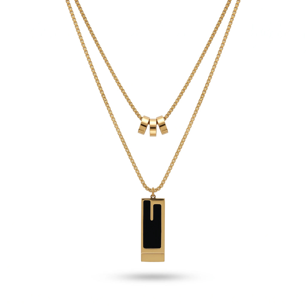 QIAOREN 13990 Double Layer Box Chain Stacked Necklace with Three Tube Beads and Rectangular Bar Pendant Inlaid Black Enamel