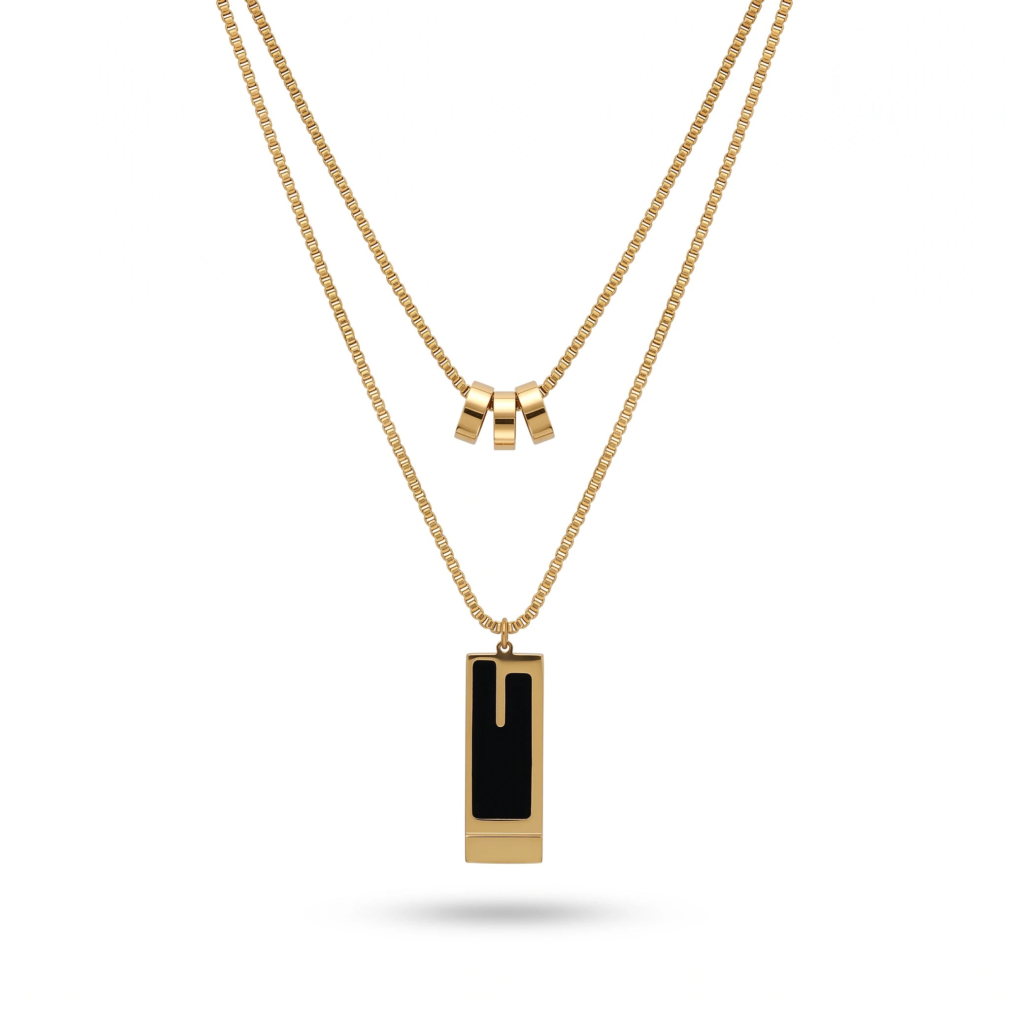 QIAOREN 13990 Double Layer Box Chain Stacked Necklace with Three Tube Beads and Rectangular Bar Pendant Inlaid Black Enamel