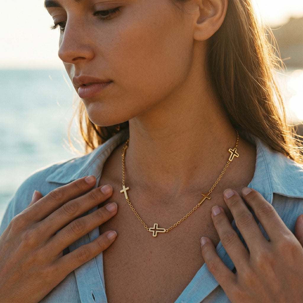 QIAOREN 10660 Multiple Hollow Cross Station Choker Necklace 18K Gold Plated Stainless Steel Link Chain Waterproof Jewelry