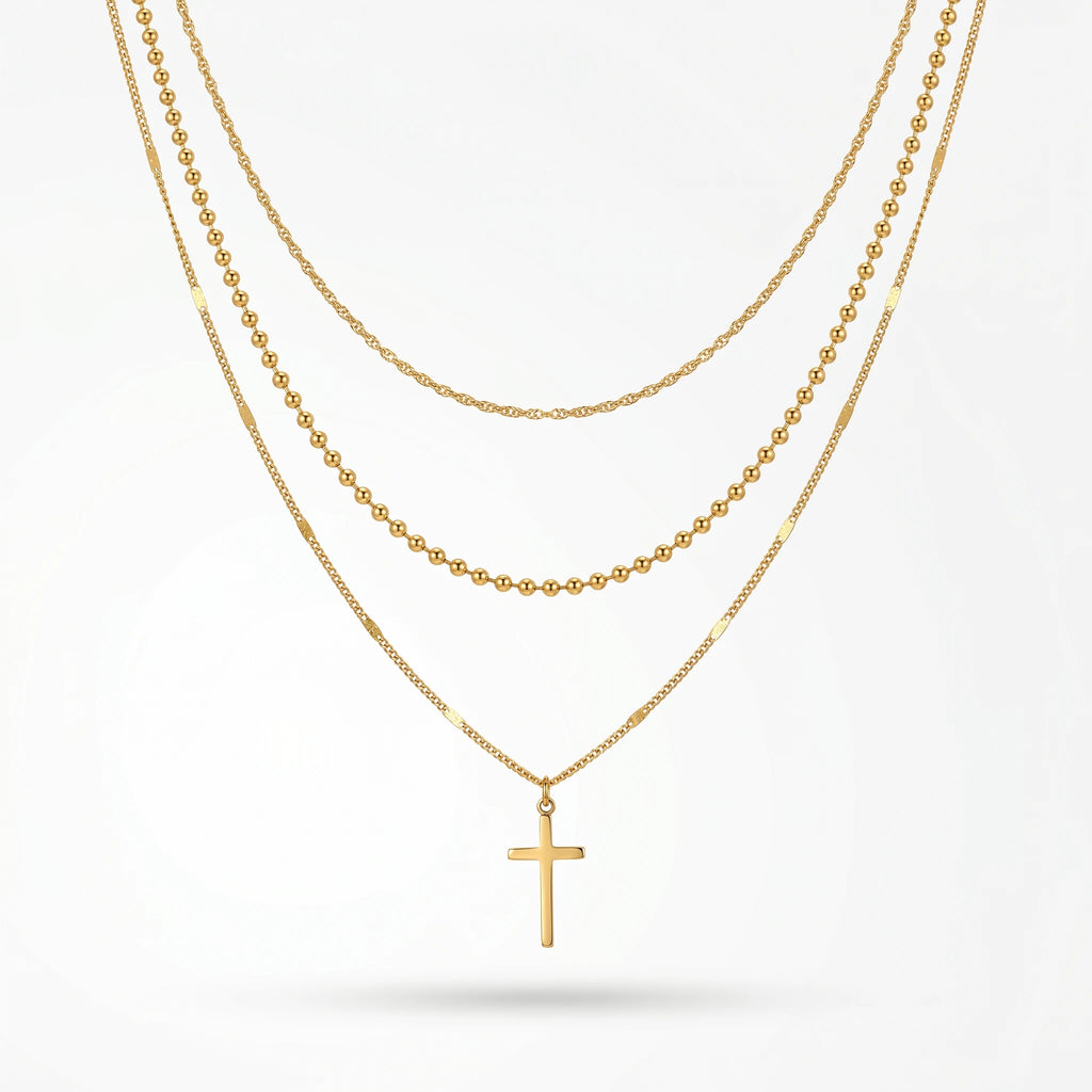 QIAOREN 10602 3 Layered Cross Pendant Necklace Link Chain 18K Gold Plated Stainless Steel Waterproof Tarnish Free Unisex Jewelry