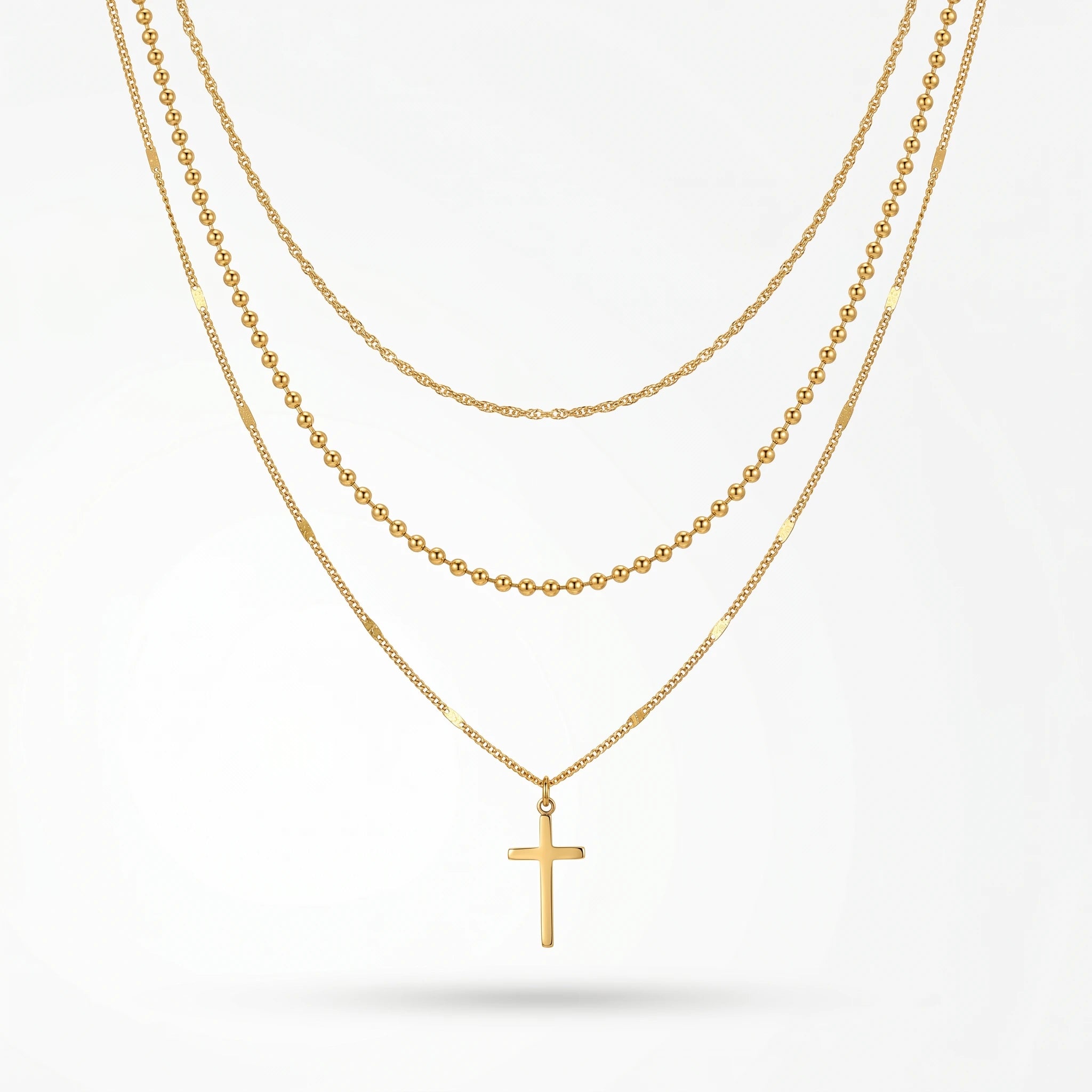 QIAOREN 10602 3 Layered Cross Pendant Necklace Link Chain 18K Gold Plated Stainless Steel Waterproof Tarnish Free Unisex Jewelry