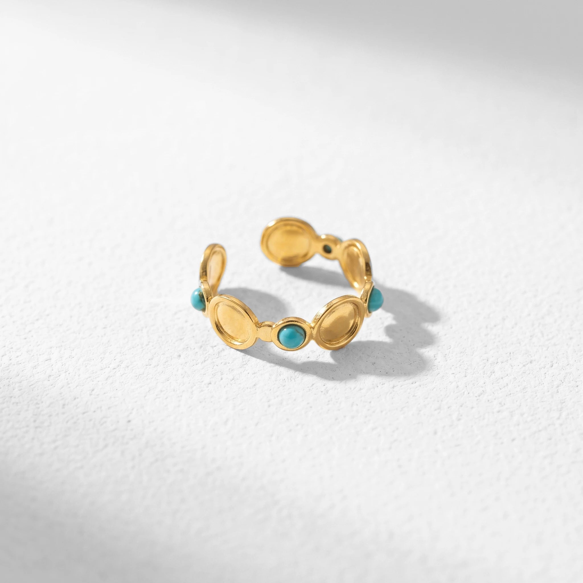 QIAOREN 13181-85 5Pcs Gold Stainless Steel Turquoise Open Ring Set Irregular Hammered Crown Adjustable Boho Stackable Rings