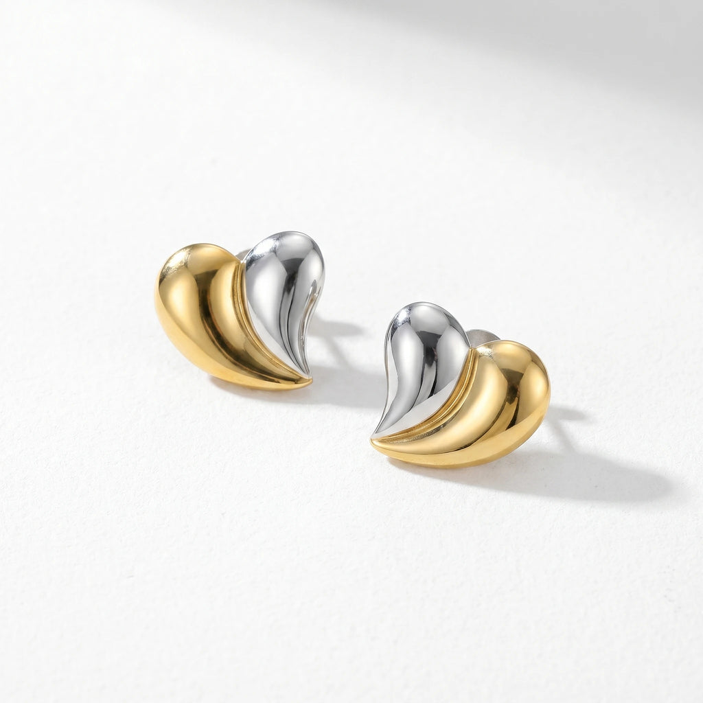 QIAOREN 12450 Tone Split Heart Stud Earrings Waterproof Stainless Steel PVD Gold Silver Contrast Glossy Love Ear Jewelry Trendy