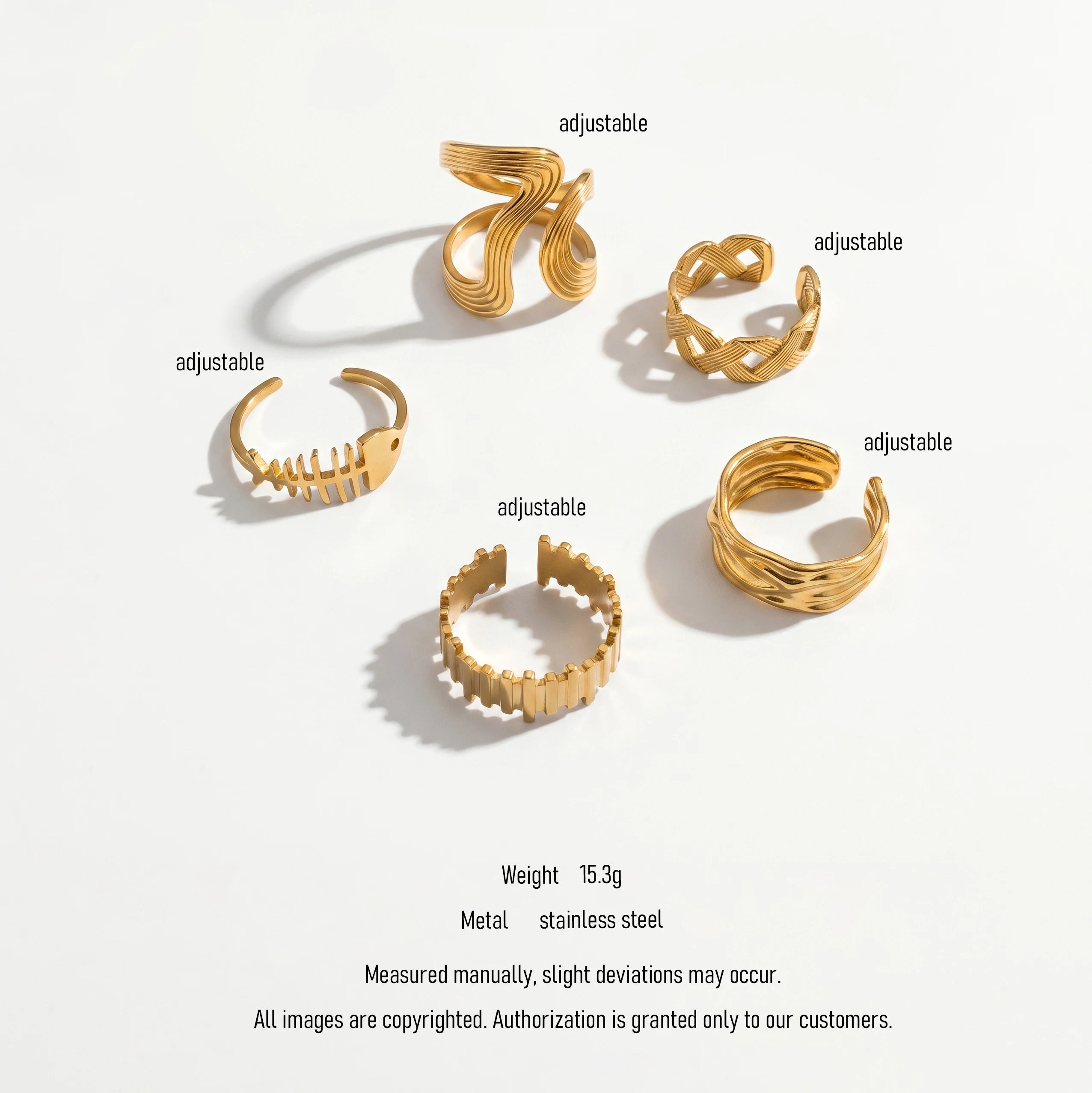 QIAOREN 10711 Stainless Steel Gold Adjustable Open Rings Multi Design Wave Fish Bone Braided Stack Finger Jewelry for Women